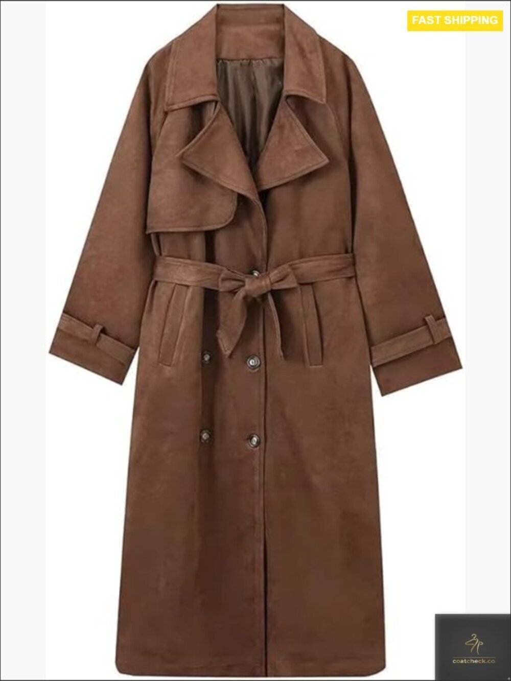 Faux Suede Trench Coat Double Breasted Pea Coat with Belt Classic Elegant